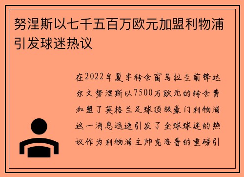 努涅斯以七千五百万欧元加盟利物浦引发球迷热议