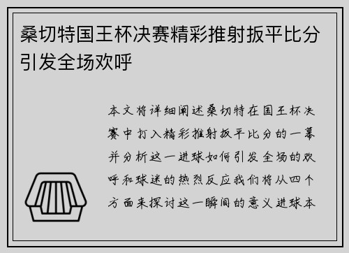 桑切特国王杯决赛精彩推射扳平比分引发全场欢呼 桑切特国王杯决赛精彩推射扳平比分引发全场欢呼