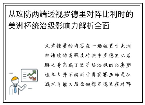 从攻防两端透视罗德里对阵比利时的美洲杯统治级影响力解析全面